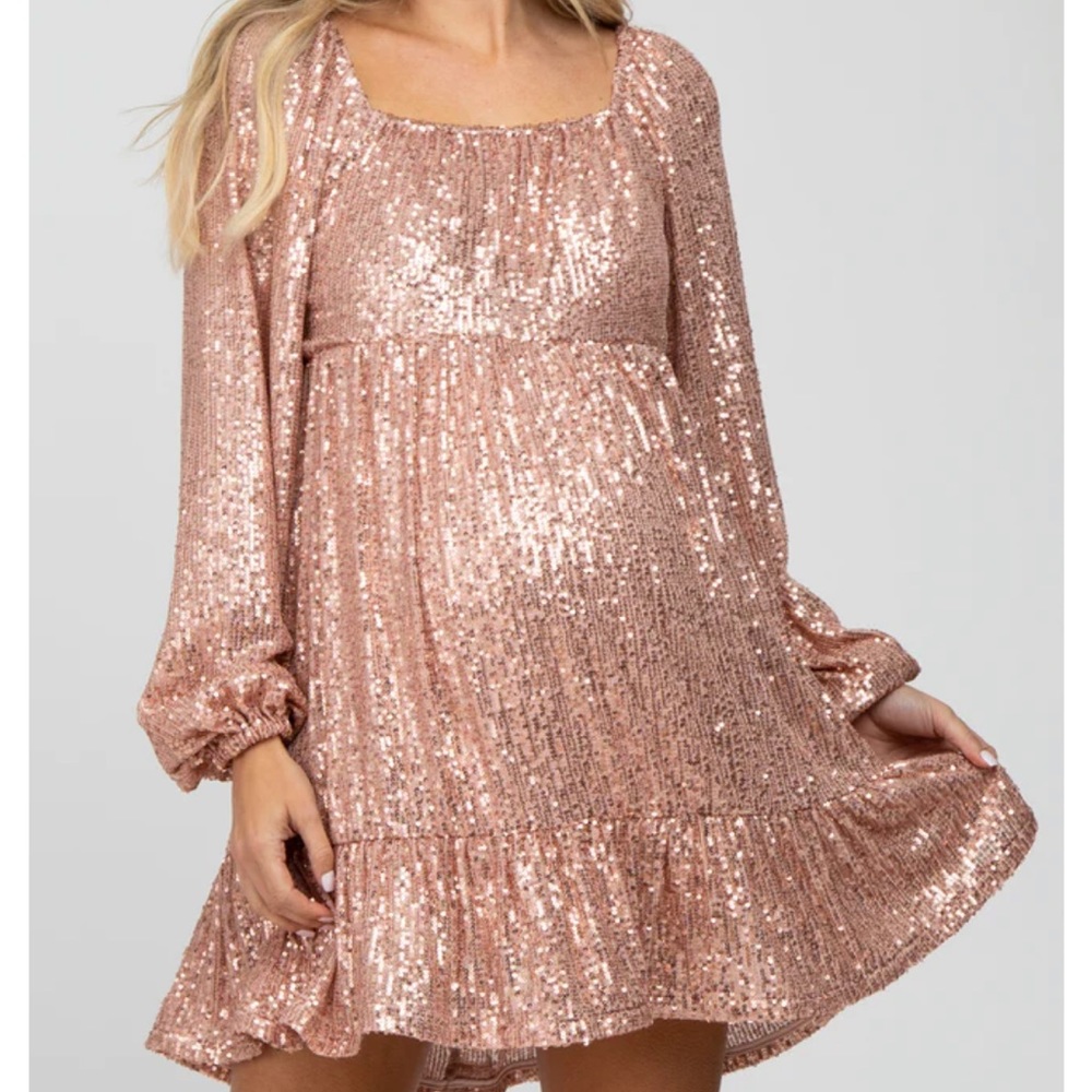 Pink Sequins Balloon Sleeve Maternity Dress